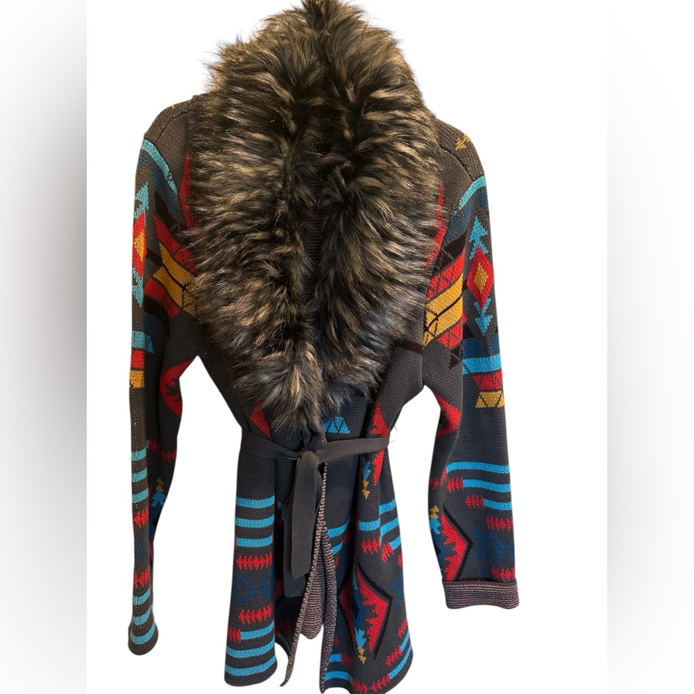 Southwestern Multicolor Cardigan with Faux Fur Collar